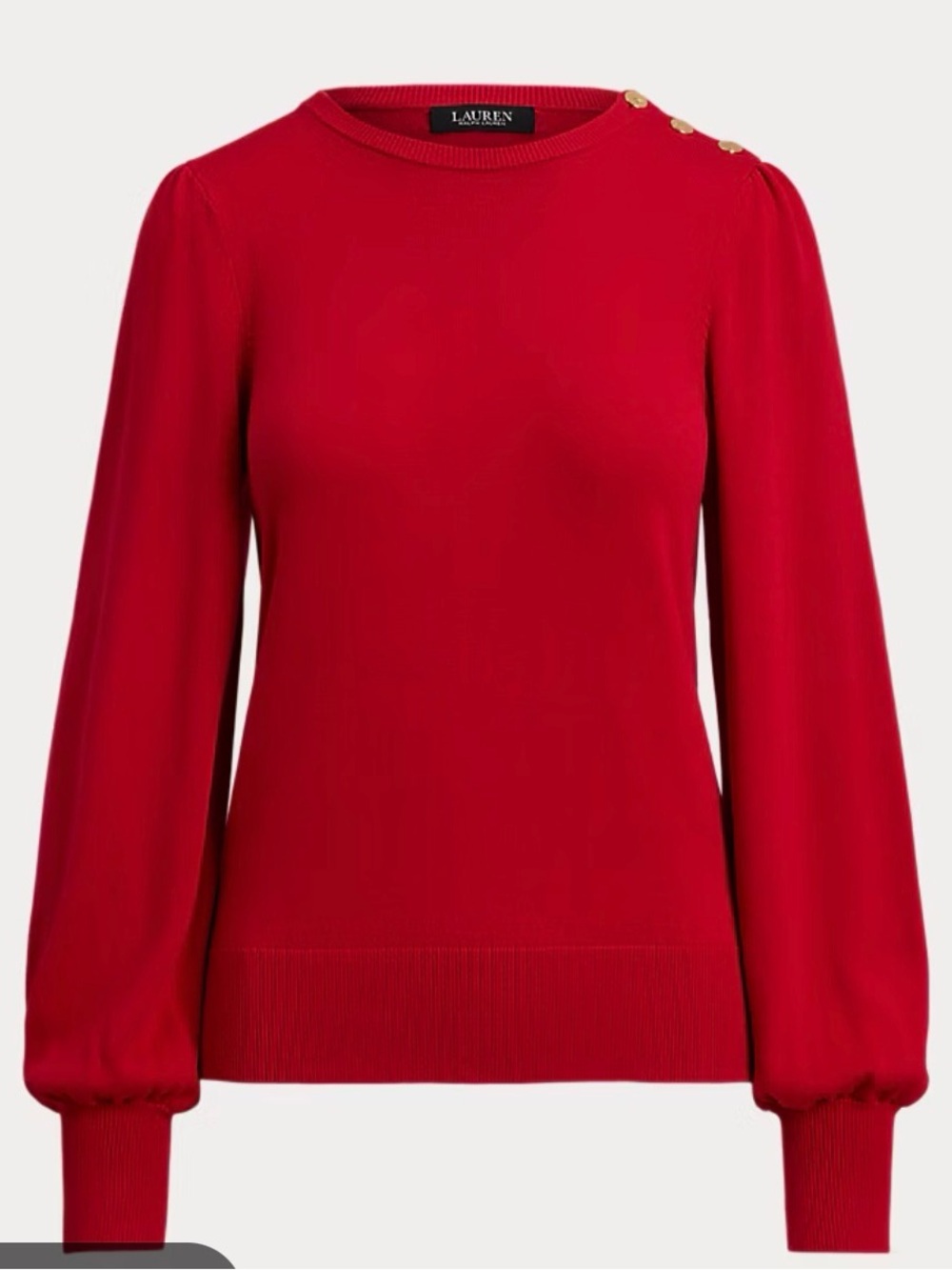 Ralph Lauren Button Trim Red Puff-Sleeve Crewneck Sweater with Gold Buttons
